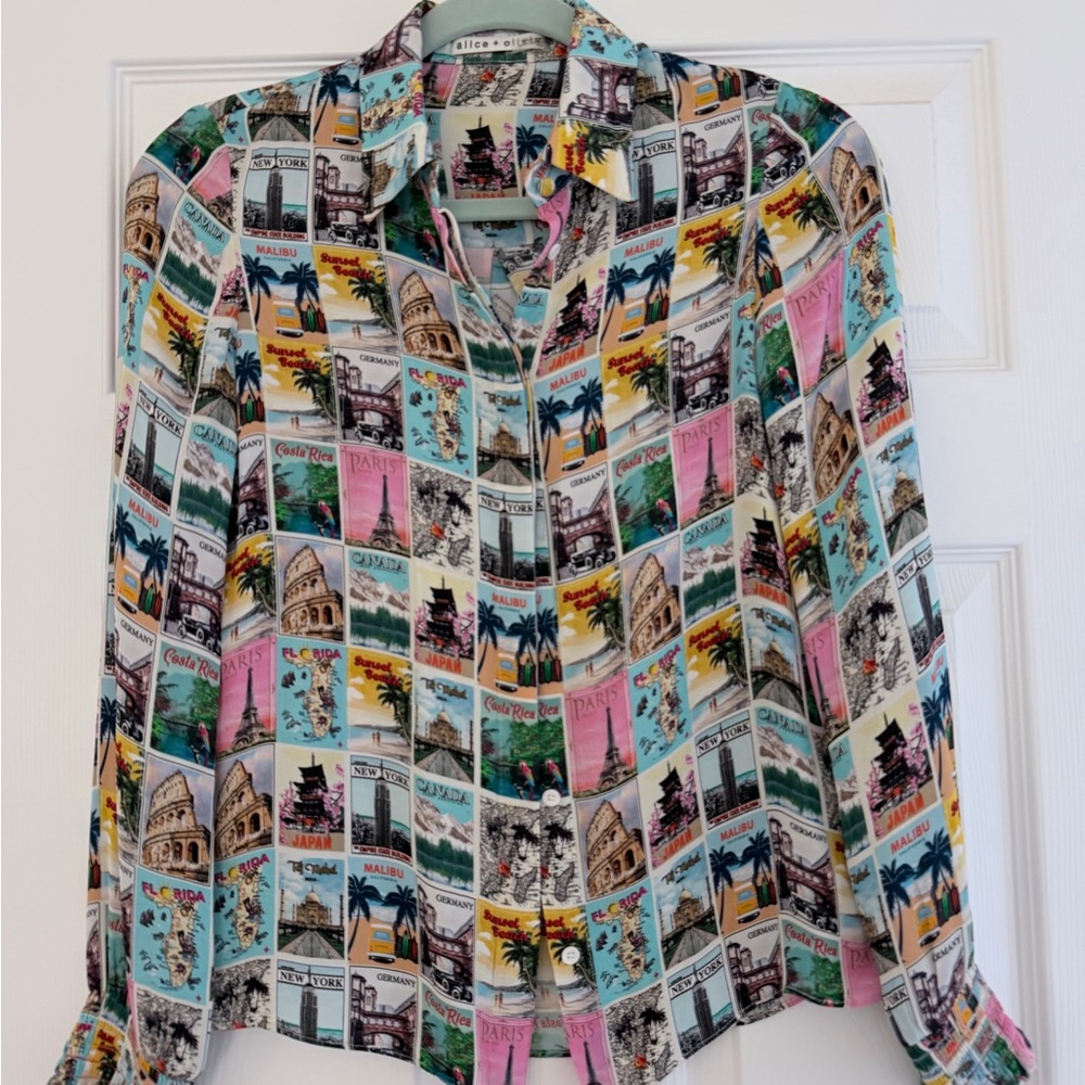 Alice + Olivia Multicolor Postcard Print Shirt
